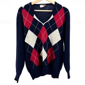 Vintage 70s Rodin Navy Blue Red Argyle Wool V-Neck Pullover Sweater
